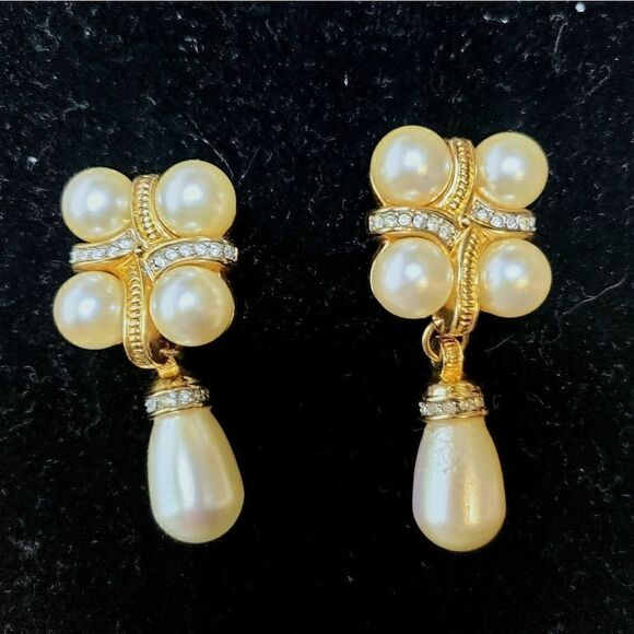Salo | Vintage Pearl & Rhinestone Drop Earrings - Picture 1 of 2